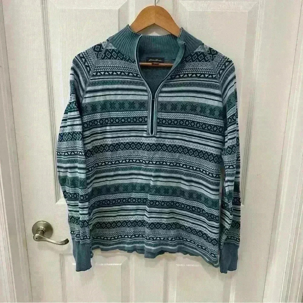 Eddie Bauer Blue Fair Isle Print 1/4 Zip Pullover Sweater Ladies size Medium